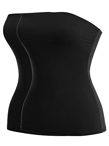 MixMatchy Damen Basic Solid Stretchy Baumwolle Lange Bandeau Tube Top, 2er-Pack - Schwarz/Schwarz, Groß von MixMatchy