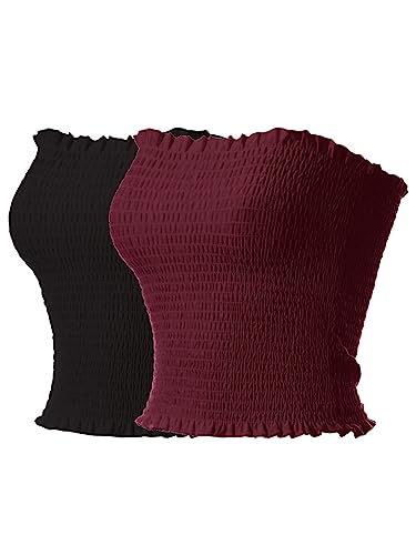 MixMatchy Damen Casual Basic Smocked Tube Tops Stretch Bustier Bandeau Crop Top, 2er-Pack, Schwarz/Burgunderrot, X-Groß von MixMatchy