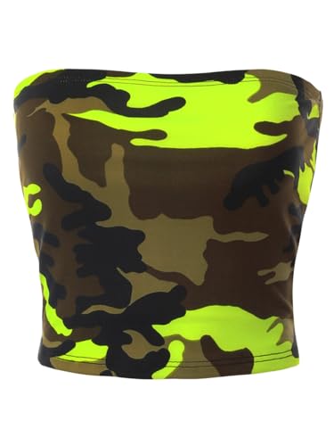 MixMatchy Damen Casual Trägerlos Basic Sexy Tube Top, C Neon Lime Camo, Groß von MixMatchy