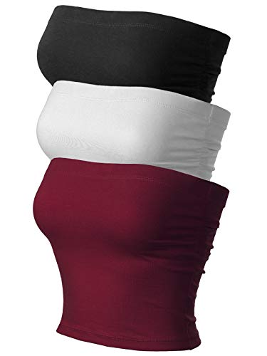 MixMatchy Damen Causal Trägerlos Basic Backless Tube Top Pack, 3er-Pack – Schwarz/Weiß/Burgunderrot (geraffte Seite), Groß von MixMatchy