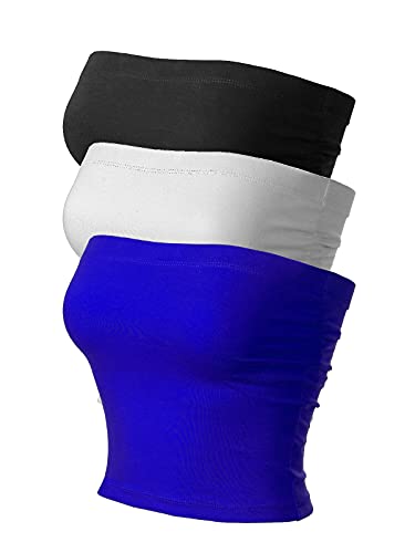 MixMatchy Damen Basic Casual Geraffte Seite Stretchy Tube Tops, 3er-Pack – Schwarz/Weiß/Königsblau (geraffte Seite), Groß von MixMatchy