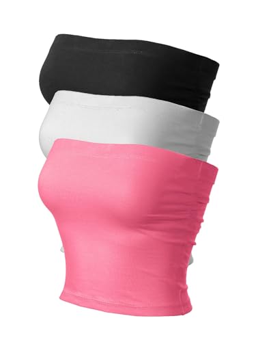 MixMatchy Damen Causal Trägerlos Basic Backless Tube Top Pack, 3er-Pack – Schwarz/Weiß/Pink (geraffte Seite), Groß von MixMatchy