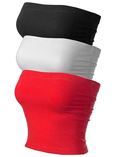 MixMatchy Damen Basic Casual Geraffte Seite Stretchy Tube Tops, 3er-Pack – Schwarz/Weiß/Rot (geraffte Seite), Large von MixMatchy