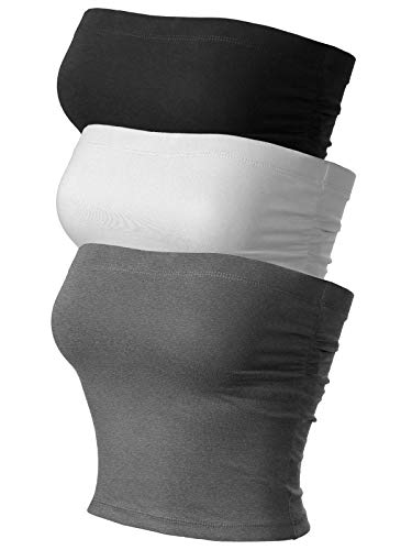 MixMatchy Damen Basic Casual Geraffte Seite Stretchy Tube Tops, 3er-Pack – Schwarz/Anthrazit/Weiß (geraffte Seite), Large von MixMatchy