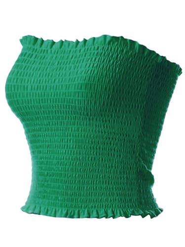 MixMatchy Damen Geraffte gesmokte Crop Tube Tops Sommer Casual Bandeau Top, A Kelly Green, Groß von MixMatchy