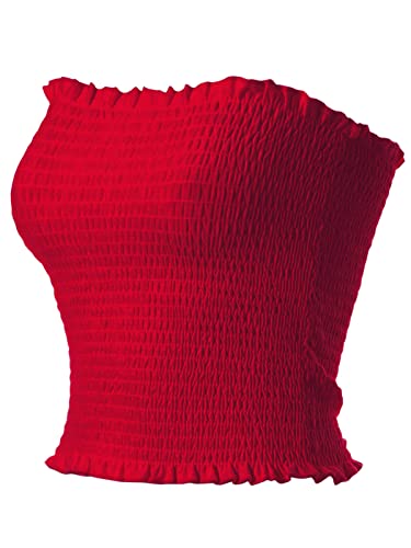 MixMatchy Damen Geraffte gesmokte Crop Tube Tops Sommer Casual Bandeau Top, A Rubin, Mittel von MixMatchy