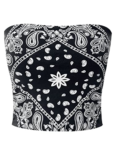 MixMatchy Damen Gestreifter Print Gerippter Strick Crop Tube Top, G Schwarz, Klein von MixMatchy