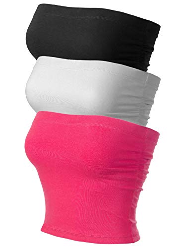 MixMatchy Damen Basic Casual Geraffte Seite Stretchy Tube Tops, 3er-Pack – Schwarz/Weiß/Hot Pink (geraffte Seite), Medium von MixMatchy