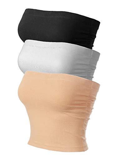 MixMatchy Damen 3er-Pack Röhren-Tops mit gerüschten Seiten, doppellagiges Schlauch-Top mit Baumwoll-BH, 3er-Pack – Schwarz/Weiß/Hautfarben, Small von MixMatchy