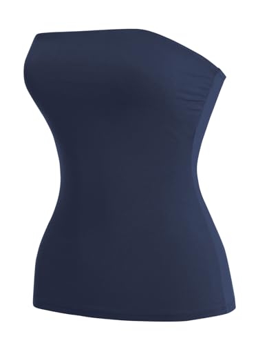MixMatchy Damen Solid Casual Sommer Rüschen Seite Rückenfrei Doppellagiges Schlauchoberteil mit integriertem BH, Marineblau, X-Small von MixMatchy