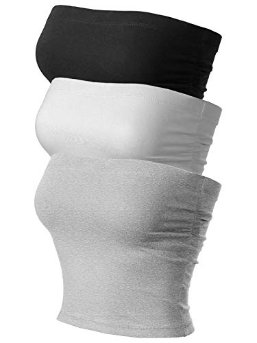 MixMatchy Damen Basic Casual Geraffte Seite Stretchy Tube Tops, 3er-Pack – Schwarz/H.Grau/Weiß (geraffte Seite), Groß von MixMatchy