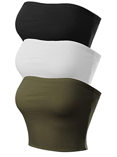 MixMatchy Damen Basic Casual Trägerlos Tube Top Packs, 3er-Pack – Schwarz/Weiß/Militärgrün, Mittel von MixMatchy