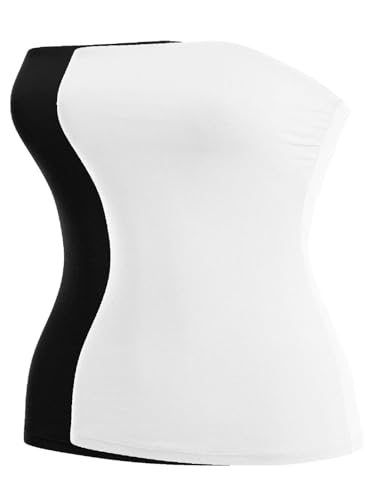 MixMatchy Damen Casual Basic Smocked Tube Tops Stretch Bustier Bandeau Crop Top, 2er-Pack – Schwarz/Weiß, X-Groß von MixMatchy