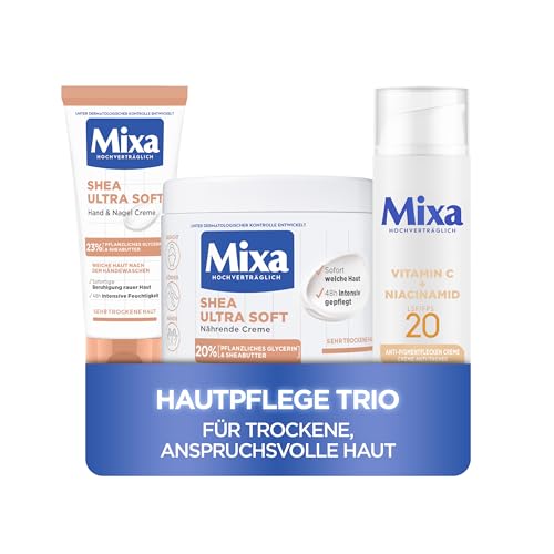 Mixa Hautpflege-Trio für trockene, anspruchsvolle Haut: Reichhaltige Shea-Bodycreme, feuchtigkeitsspendende Anti-Pigmentflecken-Gesichtscreme & schützende Handcreme mit Shea-Butter von Mixa
