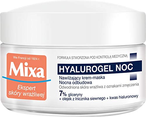 Mixa Hyalurogel feuchtigkeitsspendende Creme-Gesichtsmaske Nachtbau, mit Hyaluronsäure, für empfindliche, dehydrierte und müde Haut, Feuchtigkeit bis zu 24 Stunden, 50 ml von Mixa