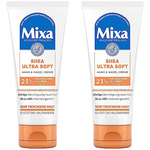 Mixa Shea Ultra Soft Hand & Nagelcreme - pflegender Handbalsam für trockene, rissige und raue Hände, Schutz & intensive Pflege mit Glycerin und Sheabutter, 100 ml (Packung mit 2) von Mixa