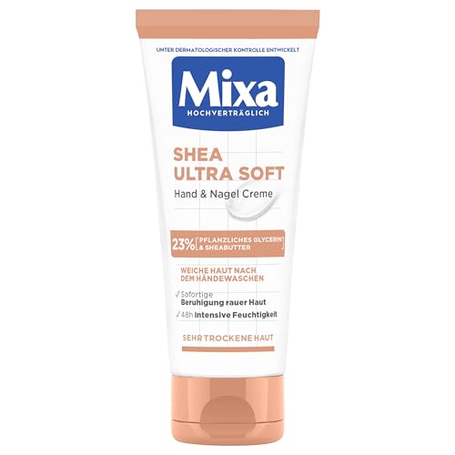 Mixa Shea Hand & Nagelcreme - pflegender Handbalsam mit 23% pflanzliches Glycerin & Sheabutter, für trockene, rissige & raue Hände, Schutz & intensive Pflege, bis zu 48h Shea Ultra Soft, 100 ml von Mixa