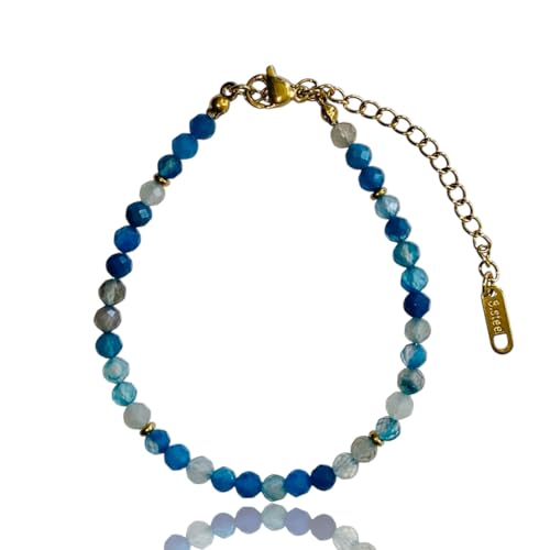 Edelstein Armband mit 4mm facettierten Perlen mit 18 Karat vergoldeten Elementen, größenverstellbar (16–20 cm) (Blauer Archat) von Mixalie