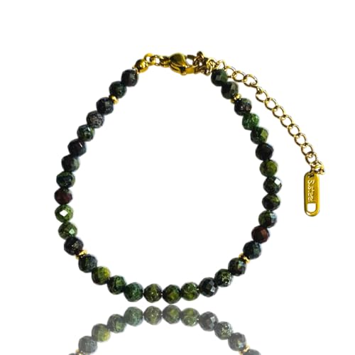 Edelstein Armband mit 4mm facettierten Perlen mit 18 Karat vergoldeten Elementen, größenverstellbar (16–20 cm) (Drachenblut Stein) von Mixalie