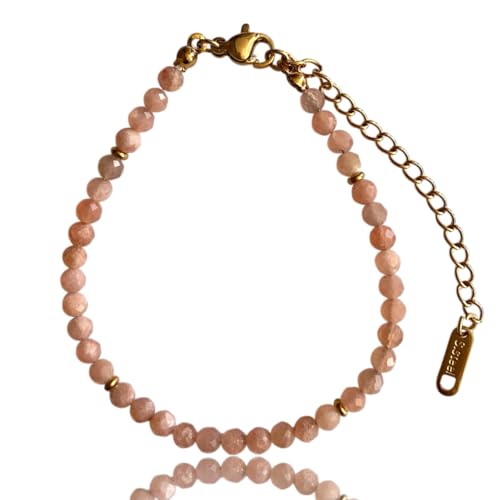 Edelstein Armband mit 4mm facettierten Perlen mit 18 Karat vergoldeten Elementen, größenverstellbar (16–20 cm) (Sonnenstein) von Mixalie