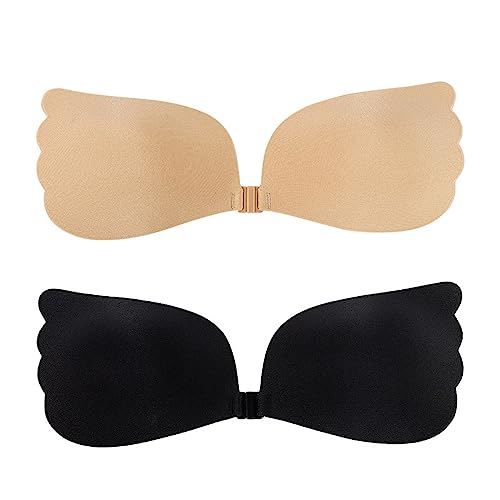 MixeRi Klebriger BH trägerlose BHS für Frauen Push Up Wiederverwendbarer Silikon-BH für Hochzeitskleid 、Tägliches Kleid、Rückenfreies Kleid (as3, Cup_Band, c, Beige + Schwarz) von MixeRi