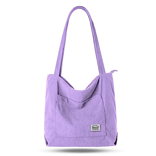 Mixgee Cord Tote Tasche Damen Umhängetasche mit Reißverschluss Groß Shopper Tasche Schultertaschen Handtasche für Arbeit Büro Schule Reisen Einkaufen und Alltag-Purple von Mixgee