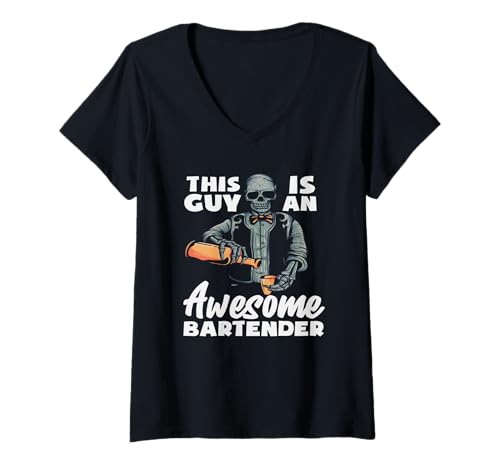 Damen This Guy is An Awesome Barkeeper Skeleton Style T-Shirt mit V-Ausschnitt von Mixologist Bar Crew Bartender Barkeeper Humor Gift
