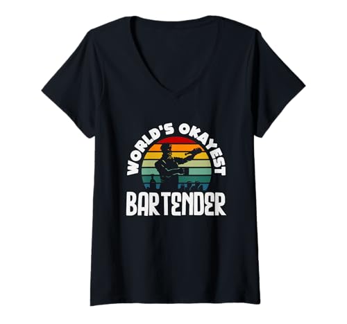 Damen World's Okayest Barkeeper Retro Style T-Shirt mit V-Ausschnitt von Mixologist Bar Crew Bartender Barkeeper Humor Gift