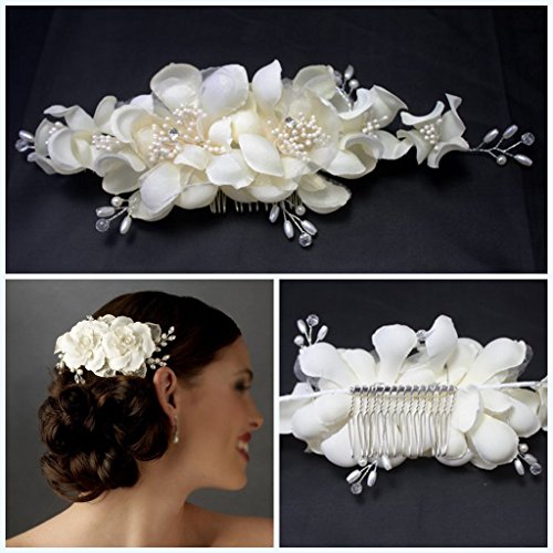 Miya® 1Stück mega Glamour handgemacht Haarkamm Steckkamm mit sanft Tüll Blumen Ivory Weiß aus Spitzen Lace, Perle und Kristall, Braut Schmuck Hochzeit Jugendweihe Braut Haarschmuck von Miya