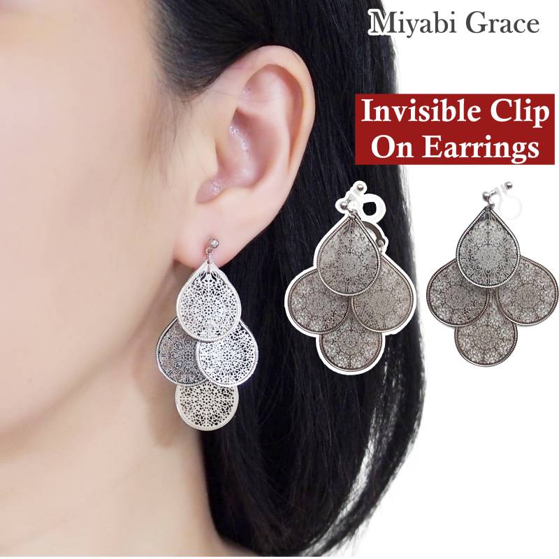 Baumeln Ohrclips, Silber Unsichtbare Gold Filigrane Nicht Durchbohrte Ohrringe, Teardrop Ohrclips von MiyabiGrace