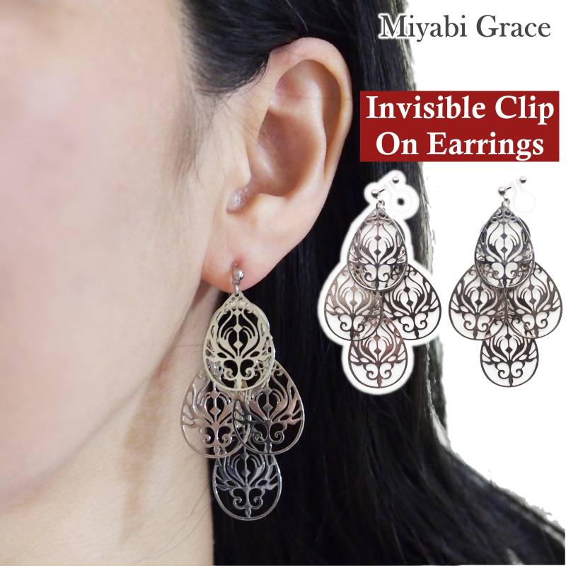 Baumeln Ohrclips, Unsichtbare Ohrclips Silber, Gold Filigrane Teardrop Non Pierced Ohrringe von MiyabiGrace
