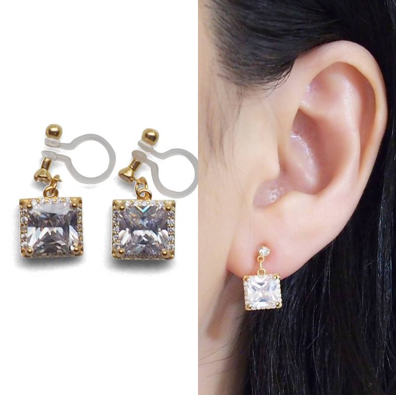 Braut Cubic Zirconia Ohrclips, Hochzeits-Quadrat Cz Unsichtbare Goldkristall-Clip-Ons, Nicht Durchbohrte Ohrringe von MiyabiGrace