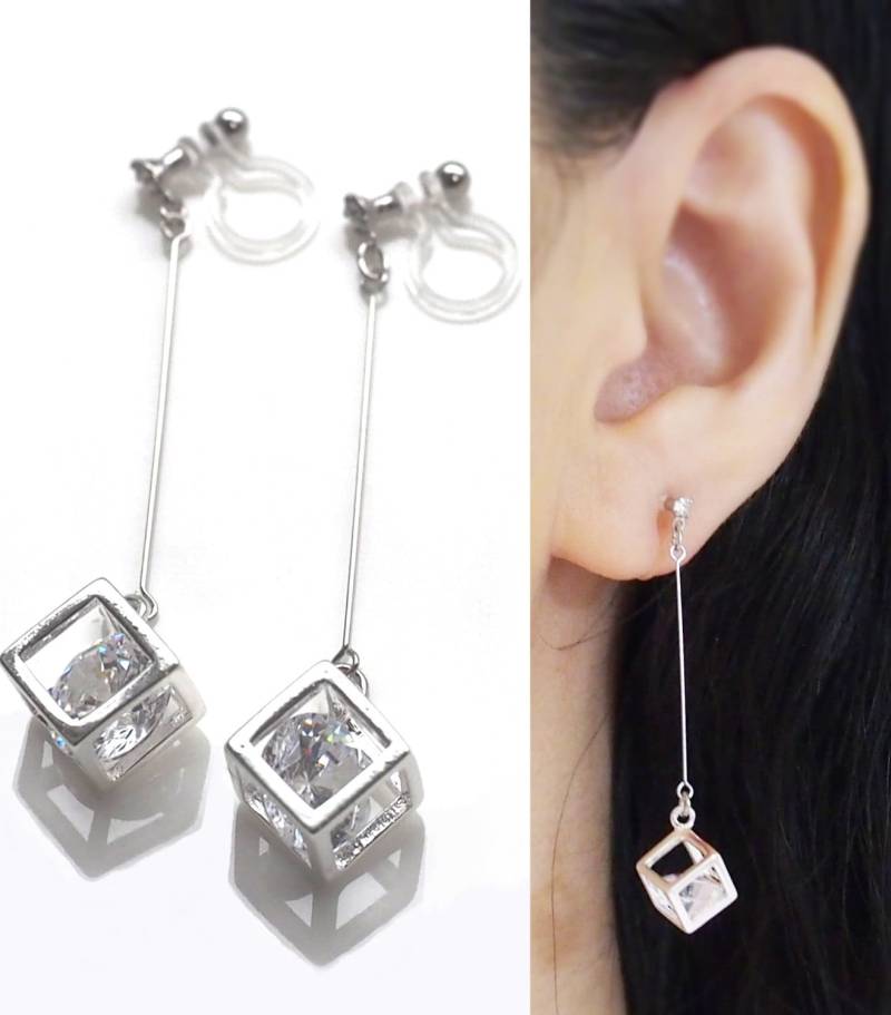 Cz-Clip-On-Ohrringe, Silberne Clip-On-Ohrringe, Zirkonia, Unsichtbare Moderne, Würfelförmige, Nicht Durchbohrte Clip-Ohrringe von MiyabiGrace