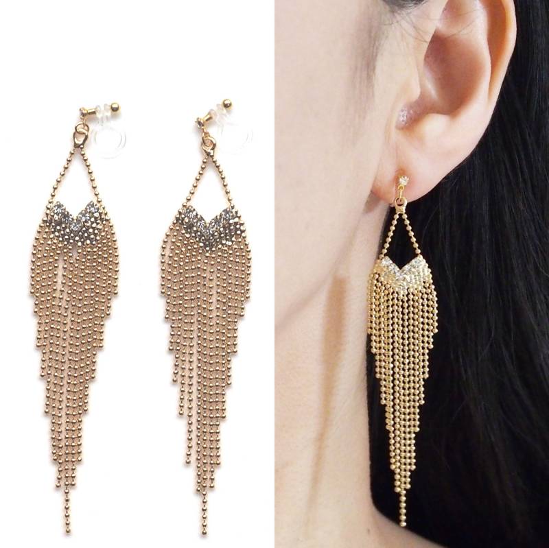 Fransen Unsichtbare Clip Auf Ohrringe, Baumeln Gold Chandelier Nicht Durchbohrte Lange Strass Kristall Ohrringe von MiyabiGrace
