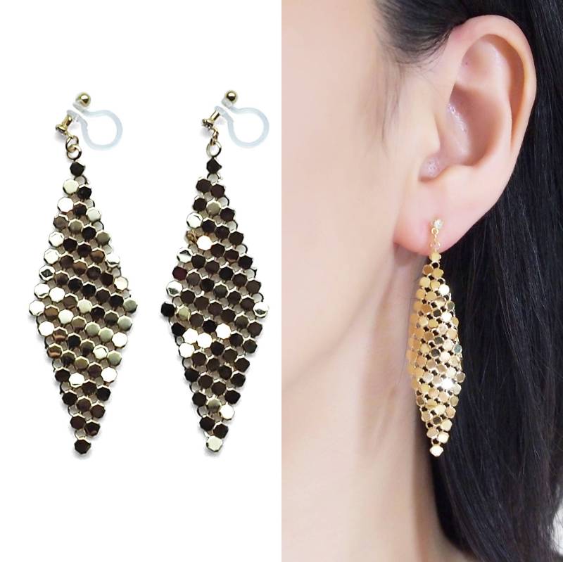 Gold Mesh Clip Auf Ohrringe, Baumeln Diamant Form Unsichtbare Metallblatt Nicht Durchbohrte Geschenk Für Sie von MiyabiGrace