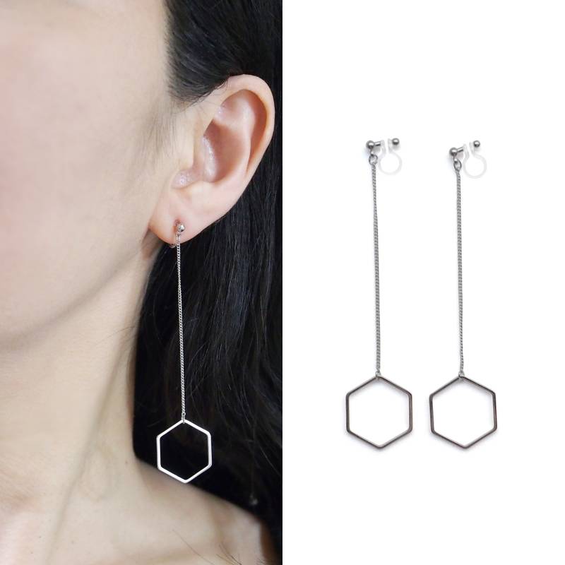 Hexagon Unsichtbare Ohrclips, Lange Kette Silber Clip On Ohrringe, Ohrringe Ohne Pierced, Hoop von MiyabiGrace