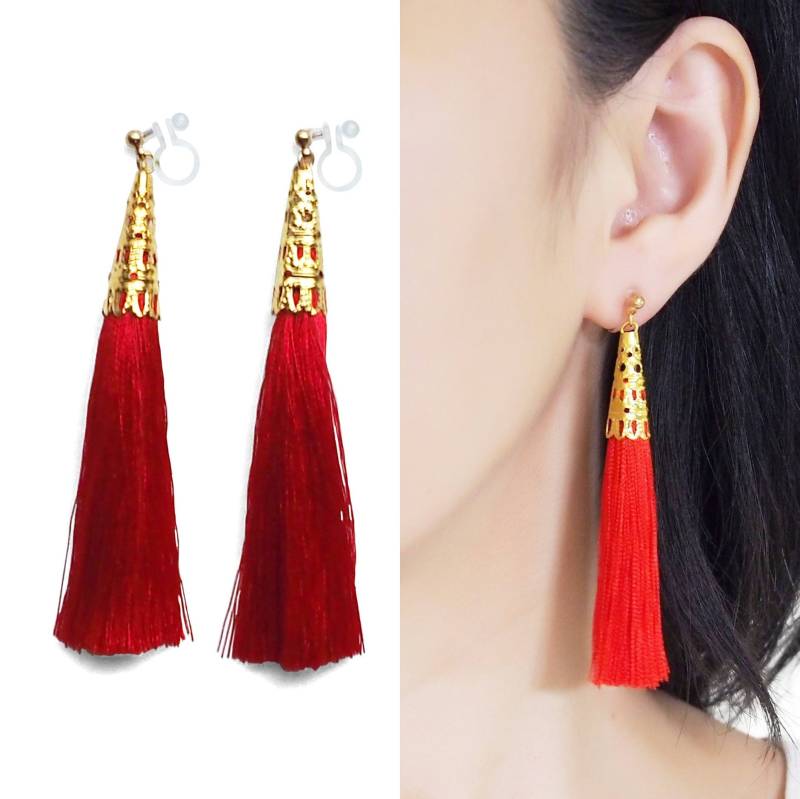 Ohrclips Quaste Lange Rote Fransen Unsichtbare Ohrclips Gold Boho Ohrringe Nicht Durchbohrt Ohrringe von MiyabiGrace