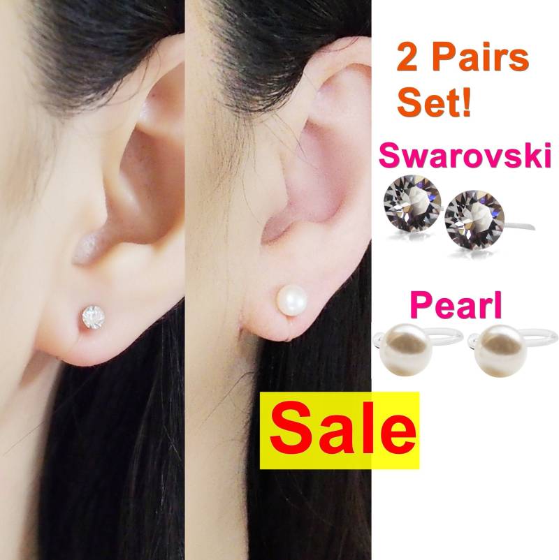 Perle Ohrclips, Swarovski Unsichtbare Clip Auf Ohrringe, Kristall Ohrstecker, Nicht Durchbohrte 2 Paare von MiyabiGrace