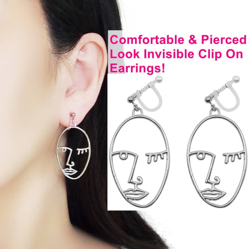 Picasso Face Clip On Ohrringe, Silber Menschliches Gesicht Unsichtbare Ohrclips, Nicht Durchbohrte Abstrakte Ohrclips von MiyabiGrace