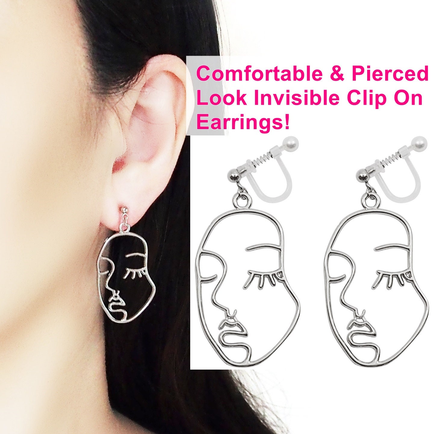 Picasso Gesicht Ohrclips, Silber Unsichtbare Ohrclips, Tropfen Draht Clip Auf Ohrringe, Abstrakte Ohrclips von MiyabiGrace