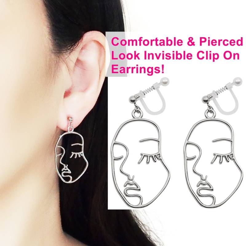 Picasso Gesicht Ohrclips, Silber Unsichtbare Ohrclips, Tropfen Draht Clip Auf Ohrringe, Abstrakte Ohrclips von MiyabiGrace