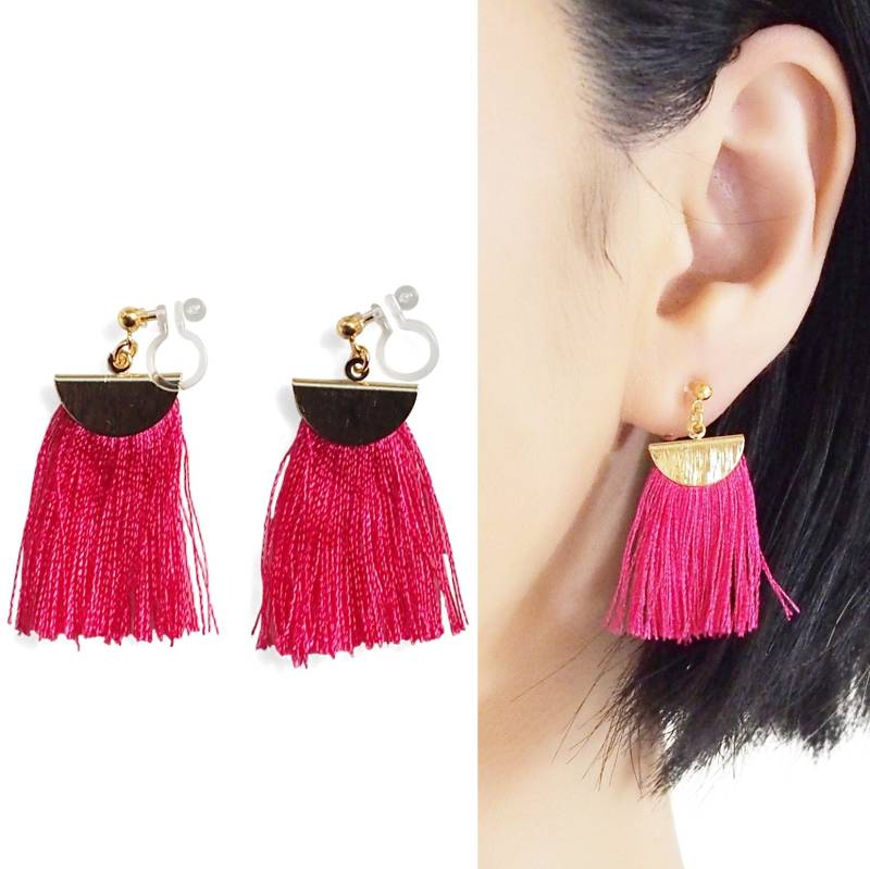 Pinke Quastenclips An Ohrringen, Unsichtbare Ohrclips Quaste, Tropfen Fransenclip Gold Halb Kreis Clip Ohrringen von MiyabiGrace