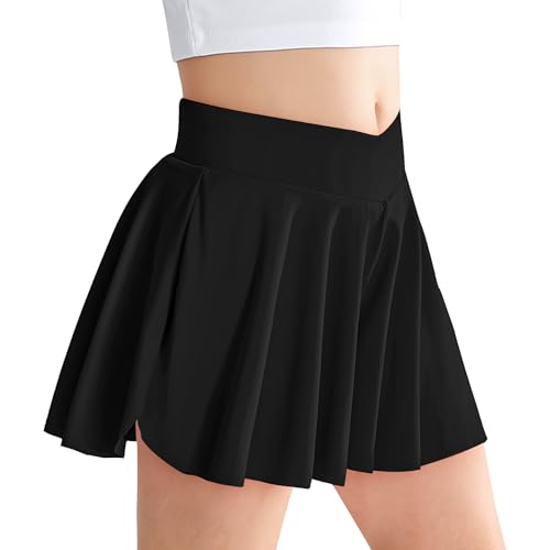 Miyanuby Athletische 2-in-1 Flowy Cheer Dance Biker-Shorts, Tennisrock, Schmetterlings-Skorts mit Tasche, für Mädchen, Größe 5–14 Jahre, Schwarz , 9-10 Jahre von Miyanuby