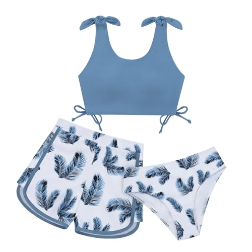 Miyanuby Mädchen-Badeanzug, 3-teilig, Badeanzüge für Teenager, tropischer Druck, Badebekleidung mit verdeckten Shorts, Bikini-Sets für Kinder von 9–16 Jahren, grau/blau, 13-14 Jahre Miyanuby Mädchen-Badeanzug, 3-teilig, Badeanzüge für Teenager, tropischer Druck, Badebekleidung mit verdeckten Shorts, Bikini-Sets für Kinder von 9–16 Jahren, grau/blau, 13-14 Jahre von Miyanuby