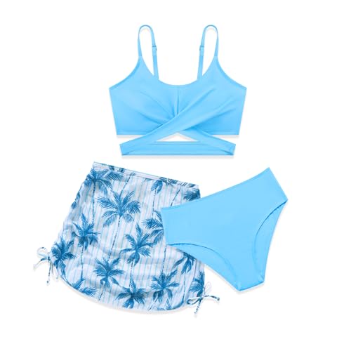 Miyanuby Mädchen-Badeanzug, 3-teilig, überkreuzt, Spaghettiträger-Bikini-Set mit verdecktem Rock, Strand-Bademode, Blau gestreift, 9-10 Jahre von Miyanuby