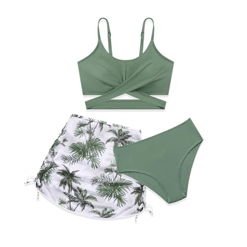 Miyanuby Mädchen-Badeanzug, 3-teilig, überkreuzt, Spaghettiträger-Bikini-Set mit verdecktem Rock, Strand-Bademode, Grüne Handfläche, 9-10 Jahre von Miyanuby