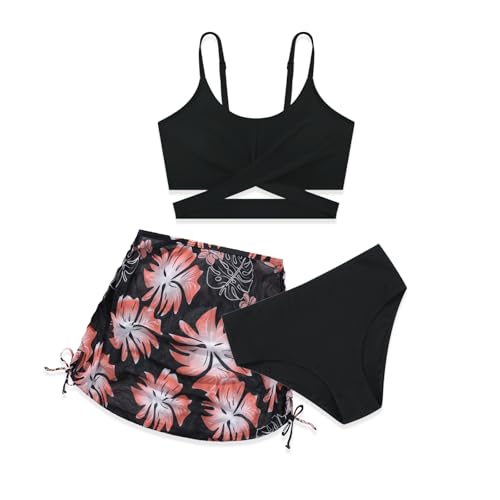 Miyanuby Mädchen-Badeanzug, 3-teilig, überkreuzt, Spaghettiträger-Bikini-Set mit verdecktem Rock, Strand-Bademode, Schwarz , 13-14 Jahre von Miyanuby
