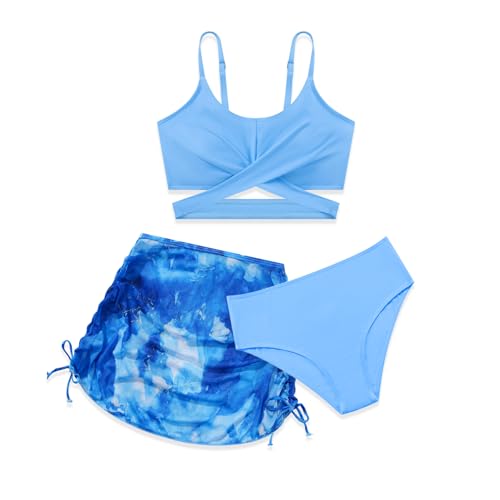 Miyanuby Mädchen-Badeanzug, 3-teilig, überkreuzt, Spaghettiträger-Bikini-Set mit verdecktem Rock, Strand-Bademode, blau, 15-16 Jahre von Miyanuby