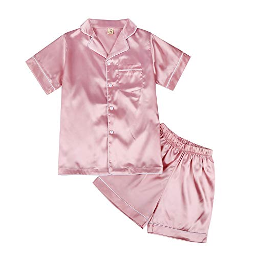 Miyanuby Mädchen Jungen Schlafanzug Set Button-up Seide Satin Pyjama Nachtwäsche Nachtwäsche 2 Stück Kleidung Set Geschenke für Baby Mädchen Jungen, Rosa (kurzärmlig), 9-10 Jahre von Miyanuby