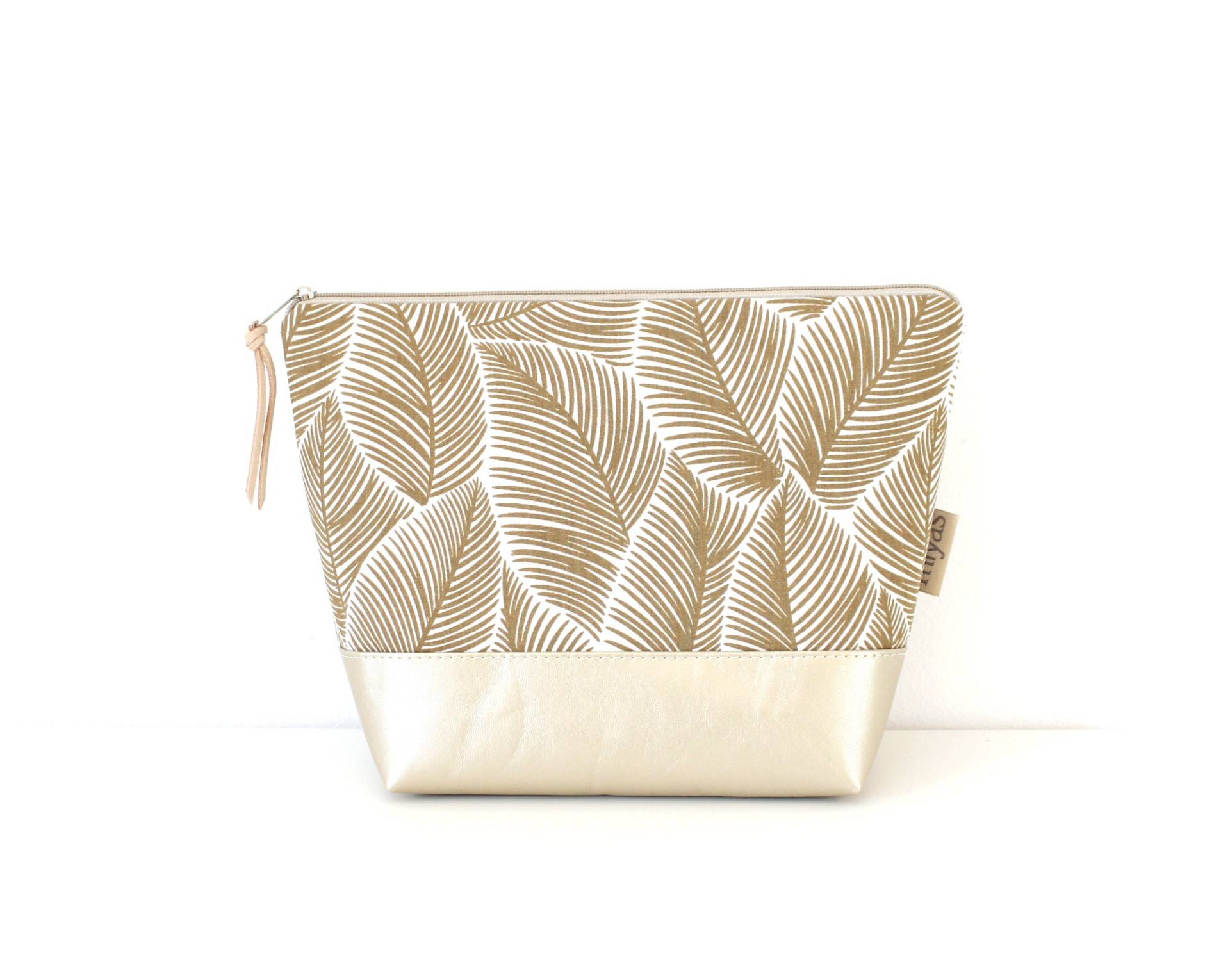 Kulturtasche "Wendy"/Kulturbeutel, Waschtasche, Kosmetiktasche, Schminktasche Vegan, Kunstleder, Perlmutt, Blätter, Braun, Wachstuch Innen von MiyasAccessoires